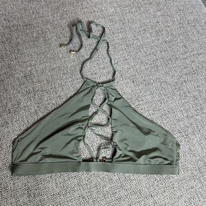Beach Bunny Womens Swim Top Lace Up Halter Green Color Logo Size M